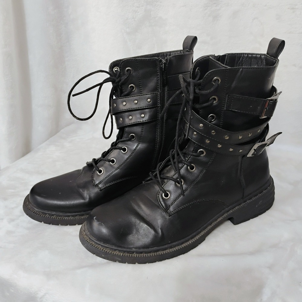 Wanted Dynamic Black Studded Buckle Strap Combat Boots Womens 10 Lug Sole Zip